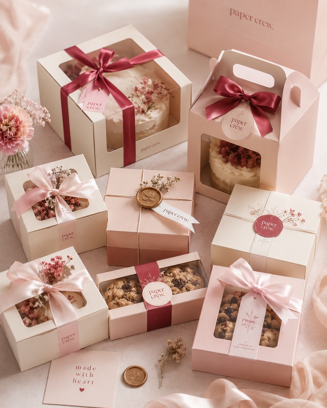 Cream cake boxes with wax seals and ribbon