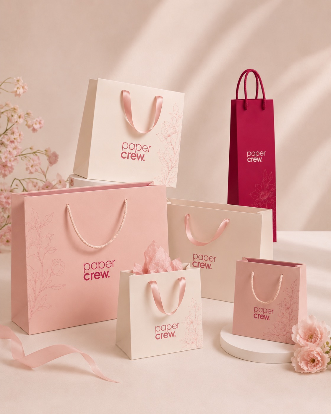 Custom printed paper shopping bags in raspberry and blush